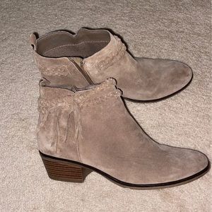 Michael Shannon tan suede booties
